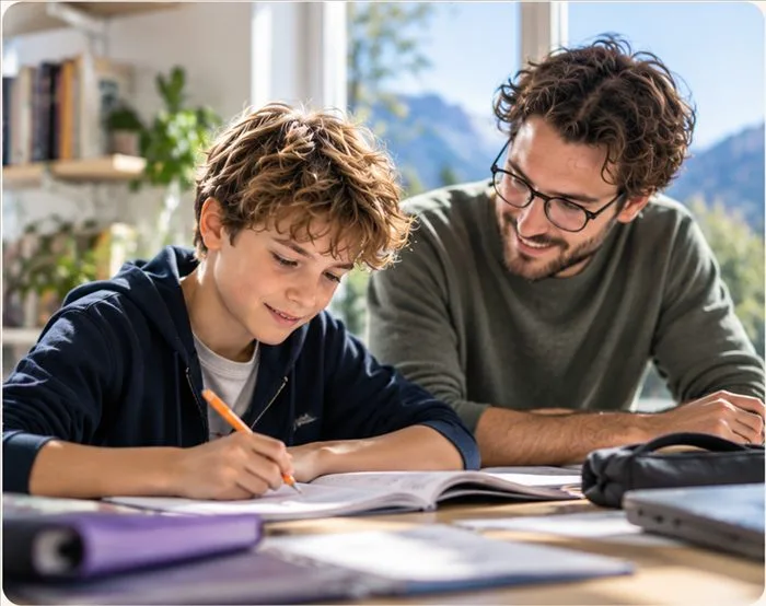 Sohn und Vater beim gemeinsamen Lernen