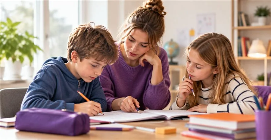 Nachhilfelehrerin mit Schüler und Schülerin beim gemeinsamen Lernen