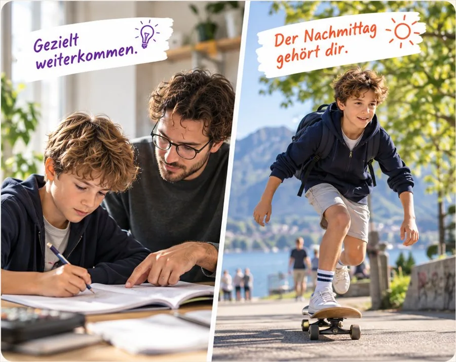 Schüler beim Lernen mit Vater und beim Skateboarden am See