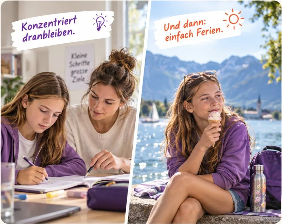 Schülerin beim Lernen mit Mutter und beim Eis geniessen am See